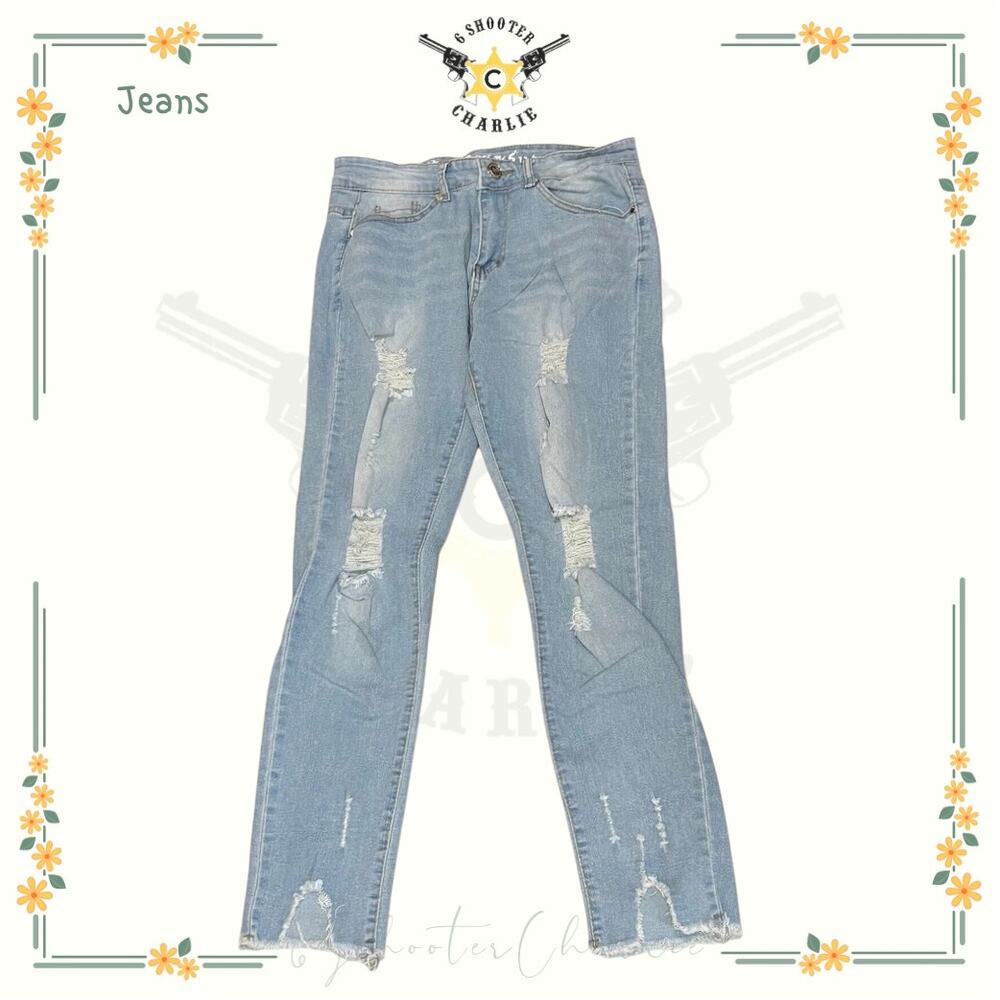 Pastel Jeans Straight Womens Size 11/12 Blue Distressed 5 Pocket Button Zip